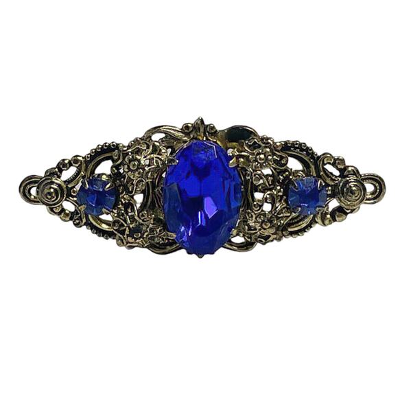 80s Retro Victorian Gold Plated & Sapphire Blue Faceted Crystal Bar Brooch - Picture 3 of 3